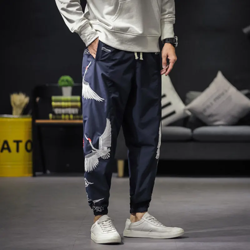 Liketkit, зимние толстые штаны-шаровары для мужчин,, Китайская традиционная вышивка крана, бархатные джоггеры, мужские мешковатые штаны, повседневные брюки