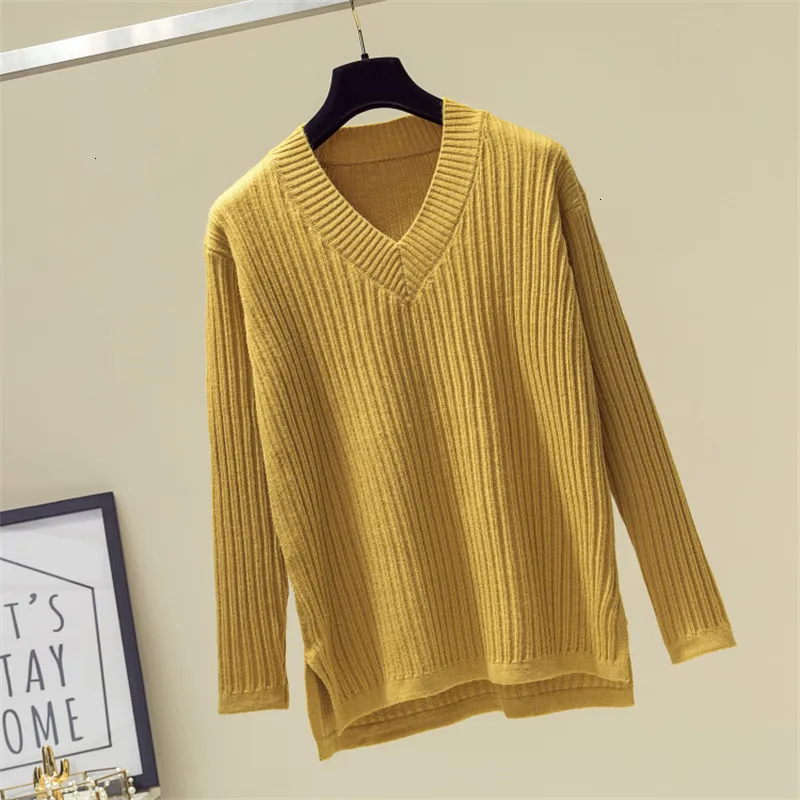 

Stripe Knitwear Solid Sweety V-Neck Loose Soft Knitted Sweater Pullover Long Sleeve Fashion Sueter Mujer Women Winter New 2019