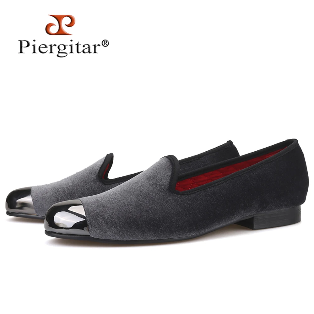 

Piergitar gray color men velvet shoes with gun toe metal fashion party and wedding men loafers handmade men's smoking slippers