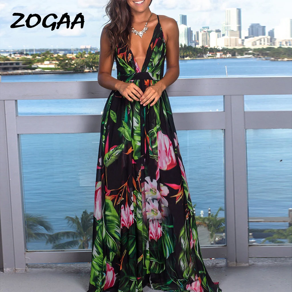

Multicolor Tropical Jungle Leaf Boho Long Dress Sling Cross Back Women V neck 2019 Party Night Elegant Sexy Maxi Summer Dresses