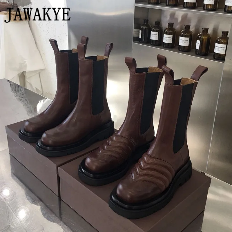 New Corrugated Round toe Thick bottom ankle Boots for women brown black wave Leather Runway Shoes flat Motorcycle Martin boots