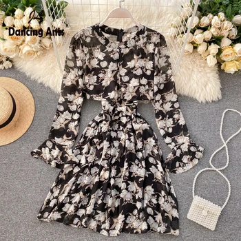 

Woman Dress Flare Sleeve O-neck Elegant A-line Dress Beach Style Flower-Printed Chiffon Elastic Waist Slim Vestidso INS Hot