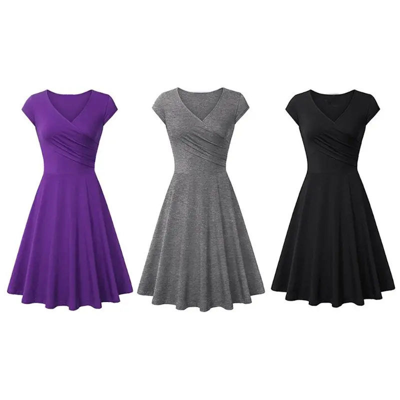 

Womens Plus Size Short Cap Sleeve Criss Cross V-Neck Casual Party Solid Color Slim Fit Pleated Midi Long Swing Flare Dress S-3XL