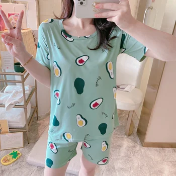 

FallSweet Women's Sleepwear Short Pajamas for Women Suit Avocado Print Femme Nightshirt Set Summer