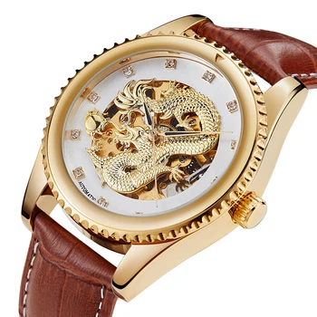 

Luxury Classic Dragon Automatic Mechanical Watch Tourbillon Gear Gold Wristwatch Skeleton Self-winding Male Leather Reloj Hombre