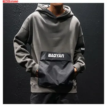 

Dropshipping Autumn Japanese Streetwear Solid Pocket Hoodies Tops Mens Hip-Hop Hooded Sweatshirt Casual Male Cotton Pullover