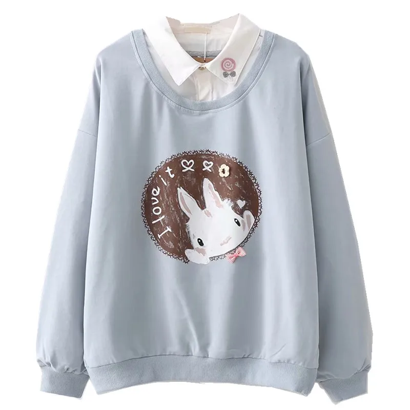 Cute Anime Hoodies Teens Girl Kawaii Rabbit Women's Sweatshirt Soft Long Sleeve Kawaii Bunny Sweetshirt Blue Pink Pullover Tops