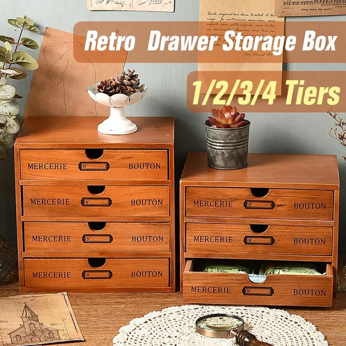 Caja de madera Vintage para almacenamiento, cajonera de madera