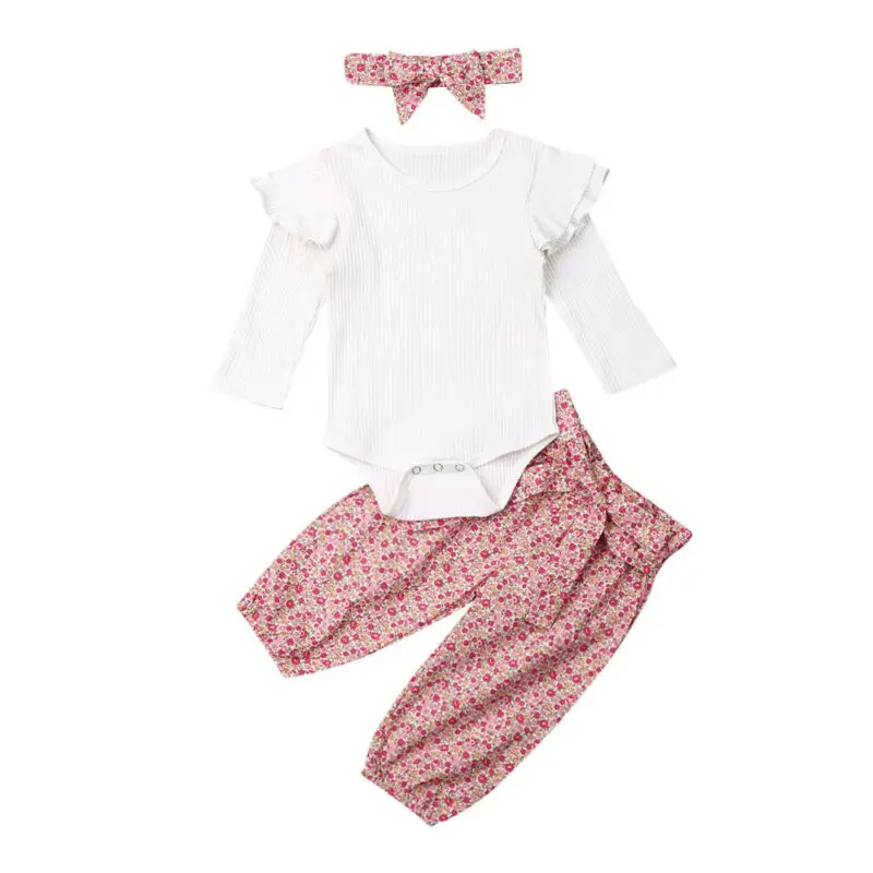 

New 3Pcs Baby Girl Clothes Knitted Fly Sleeve Tops Romper Flower Pants Outfit Set