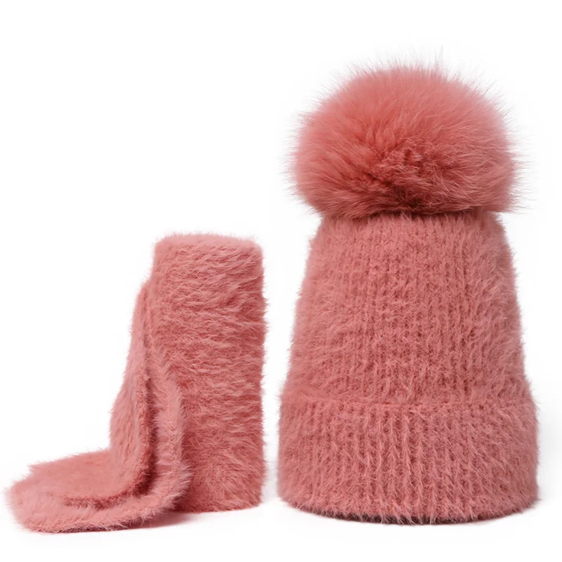 Scarf Set Real Fur Pom Pom Hat Children Winter Female Warm Wool Nature Fur Crochet Beanie Knitted Soft Solid Elasticity - Цвет: H
