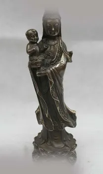 

10" Chinese Buddhism Bronze Stand Send Boy Kwan-yin Guan Yin Goddess Statue