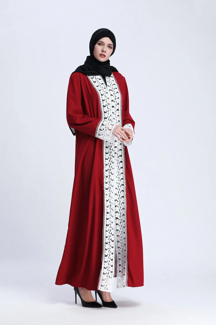 Женские мусульманские платья кружевная отделка спереди Абая, для мусульман Макси-кафтан кимоно кафтан мусульманская одежда для Дубай
