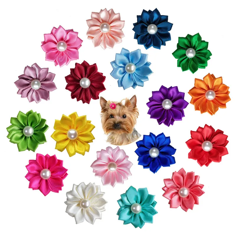

50pcs Dog Flower Pearl Hair Bows Rubber Bands with Pearl Dog Grooming Product Party Wedding Accessories Dogs Pets Accessories