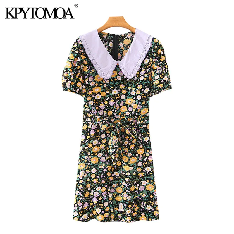 KPYTOMOA Women 2020 Chic Fashion With Belt Floral Print Mini Dress Vintage Peter pan Collar Short Sleeve Female Dresses Mujer KPYTOMOA Women 2020 Chic Fashion With Belt Floral Print Mini Dress Vintage Peter pan Collar Short Sleeve Female Dresses Mujer