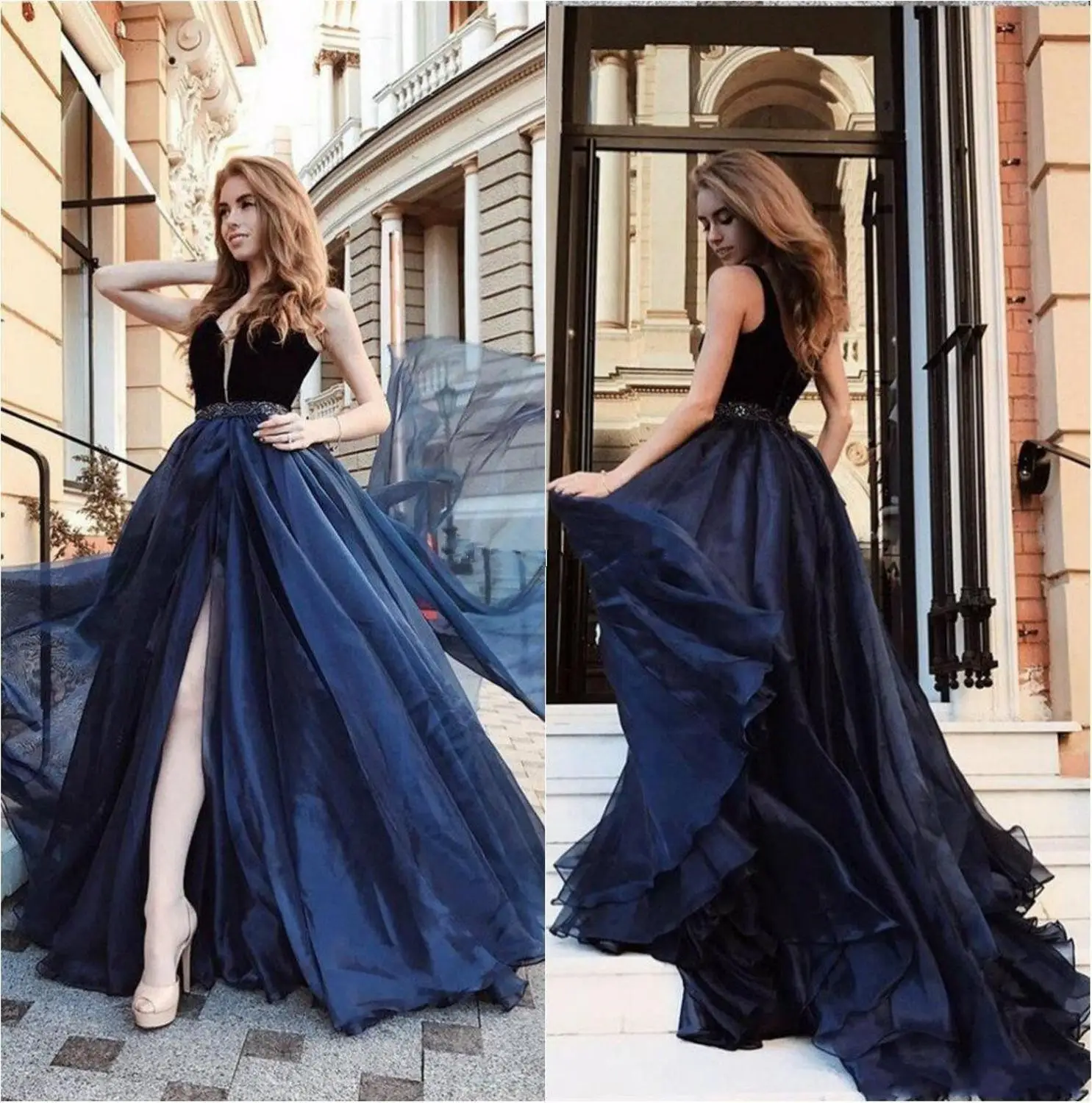 

2020 Navy Blue Prom Dresses High Side Split V Neck Sleeveless Sash A Line Sweep Train Sexy Evening Party Gowns Vestidos De Festa