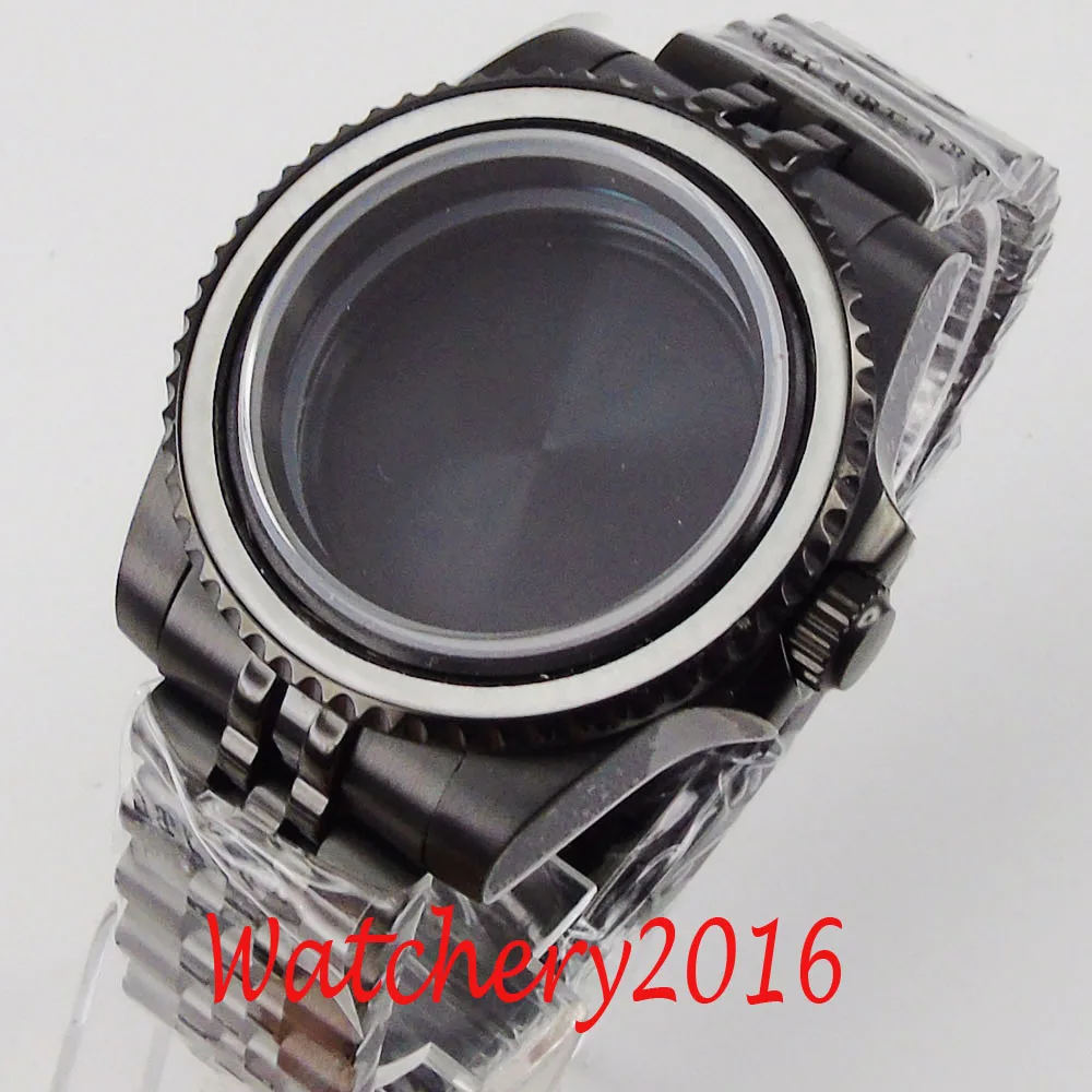 BLIGER PVD Coated 40mm Watch Case for NH35 ETA 2836 MIYOTA 8215 Sapphire Glass Jubilee Bracelet Seeing/Mental Back Green Insert afbeelding