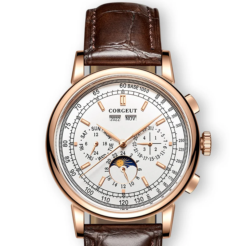 42mm Corgeut Watches Mechanical wristwatches moon Phase Watches Silver Year Day Month Week 316L SS Case Automatic Watch For men 4