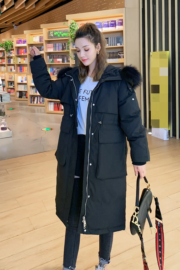 Новинка, зимний корейский Свободный пуховик для женщин, большой размер, натуральный мех, с капюшоном, утепленная парка, женская верхняя одежда средней длины, офисные пальто