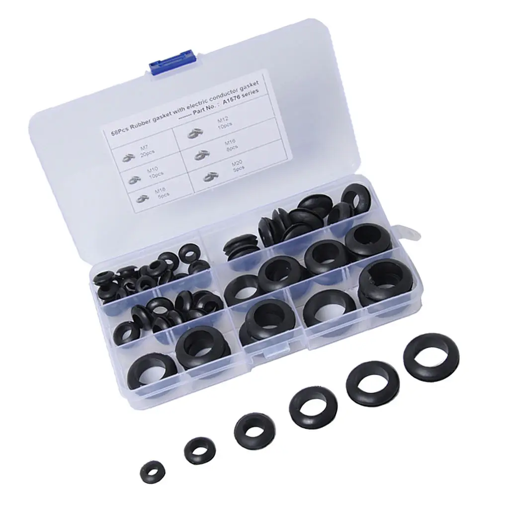 58 Pcs/Set 6 Kinds Double Sides O Ring Rubber Grommet Washer Gasket Seals Assortment Wiring Coil Gasket For Cables Wires