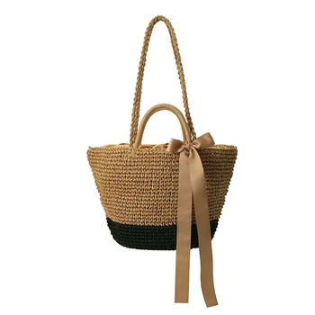 

Women Summer Leisure Holiday Beach Style Hand Woven Rattan Straw Bag With Ribbon Match(Brown+Black)