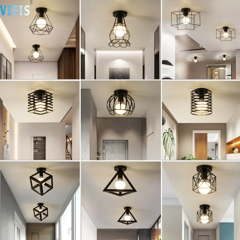 

Vintage Retro Iron Square Ceiling Light Lamp Cozy Decor for BedRoom Corridor Lamp Black Loft 110/220V(Bulb not cover)