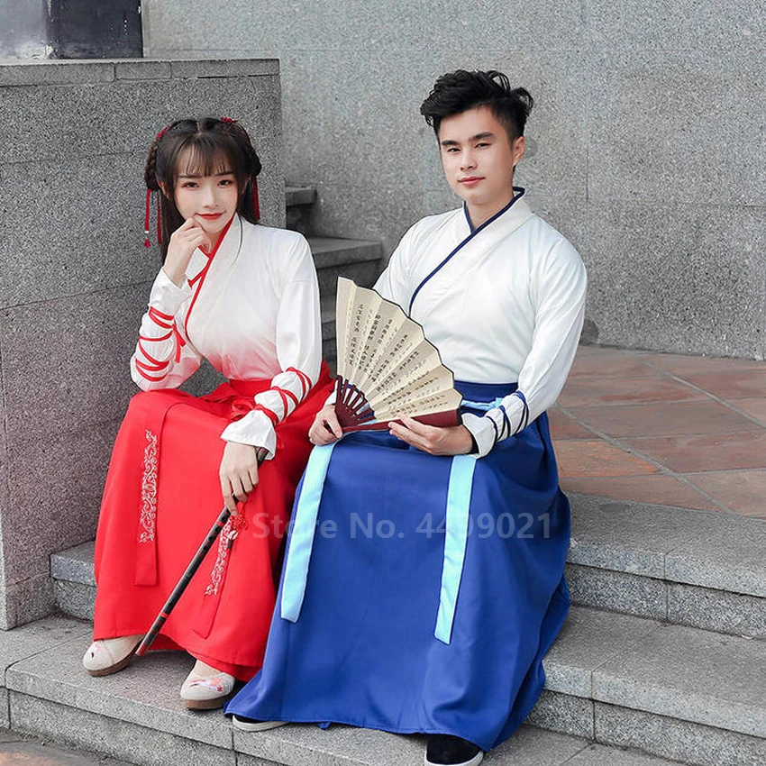 New Year Adult Men Women Ancient Chinese National Costumes Hanfu Festival Stage Performance Folk Dance Dress Embroidery Outfit