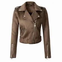 Women Faux Suede Jacket Coats Motorcycle Zipper Turndown Collar Faux Soft Leather Overcoat Female Black Punk Short Jacket