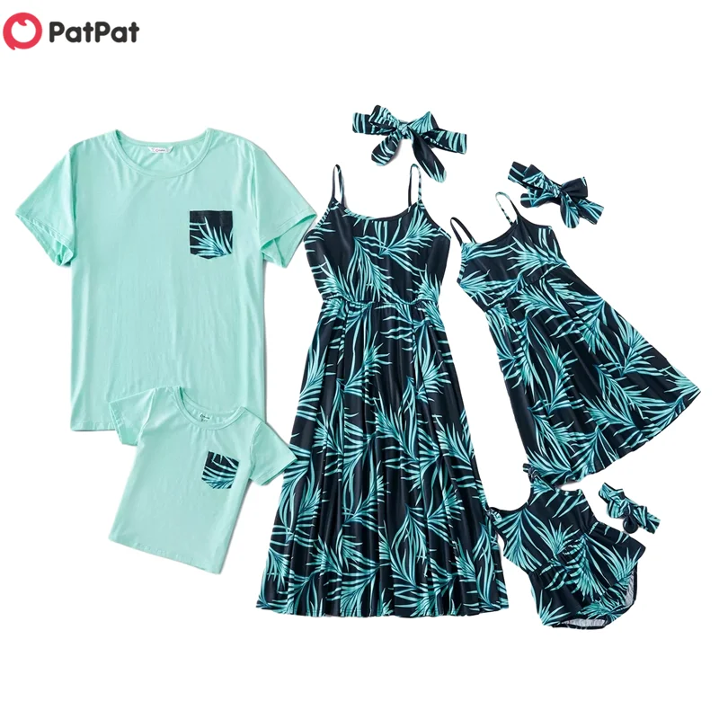 Short-Sets Family Matching T-Shirts-Rompers Family-Look Dresses-Solid Summer Palm Mosaic