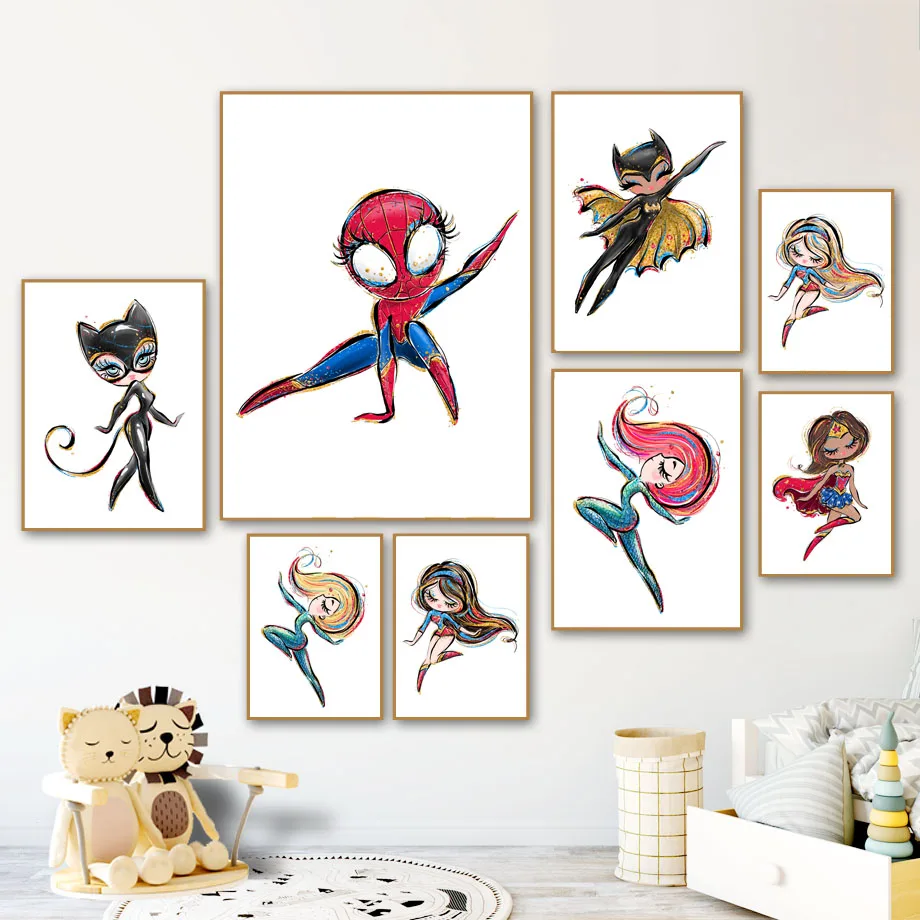 

Wall Art Canvas Painting Superhero Super Girl Spider Cat Lady Cartoon Nordic Posters And Prints Wall Pictures For Kids Room Girl