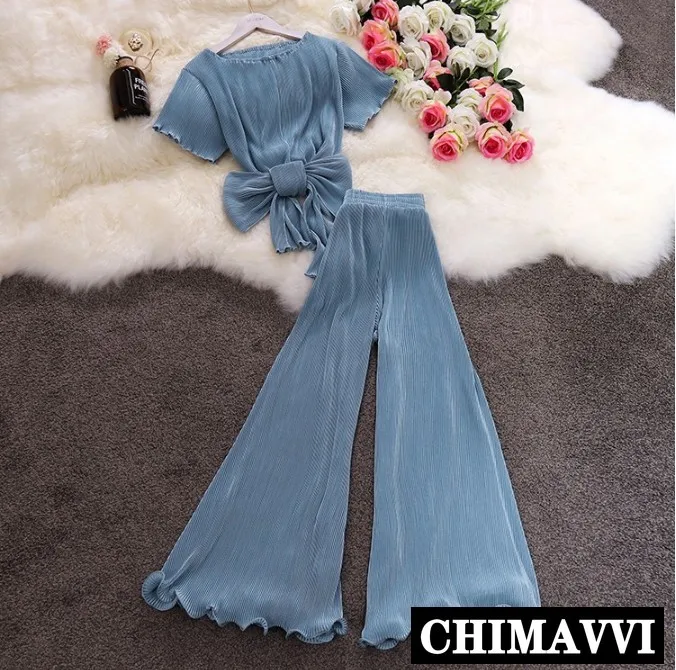 

Women New Summer Back Big Bowknot T-shirts Tops + Elastic High Waist Bell-bottoms Wide Leg Trousers Two Piece Lady Pants Suits