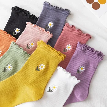 

Nice Gift Breathable Mid Tube Socks Cotton Polyester Spandex Retro Style 1Pair Cartoon Floral Frilly Pure Color Sock for Women