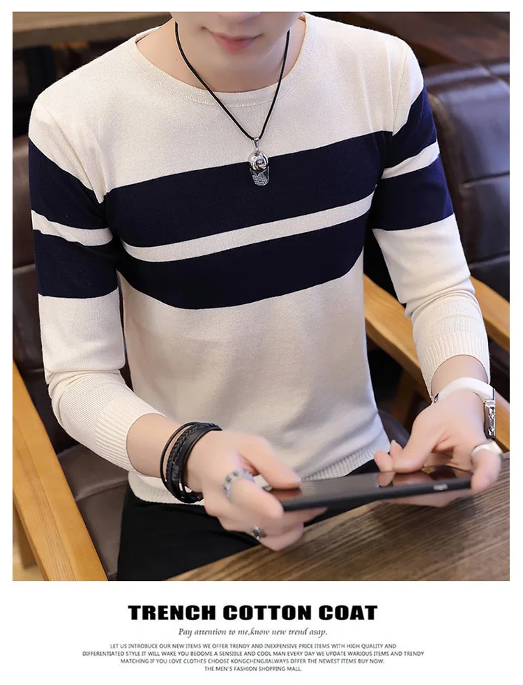 Sweater Men Long-sleeved Sleeve Round Collar Leisure Color Spring and Autumn Thin Trimming Black Wine Red Blue Warm Sweater