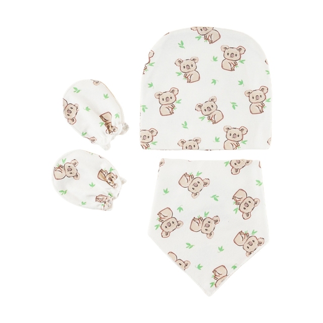 Animal Print Baby Gloves Hat Bib Set Soft Mittens Beanie Cap Nightcap Burp Cloth Saliva Towel Kit for Infant
