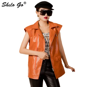 

Genuine Leather Vest Highstreet Notched Neck Drop Shoulder Plus Size Sleeveless Sheepskin Vest Women Autumn Casual Solid Outwear