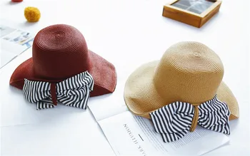 

202003-HQ-SW105310 new summer wind brim striped bowknot fine grass leisure lady cap women holiday sun hat