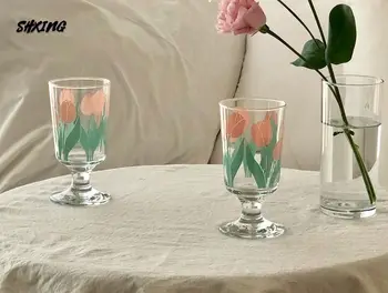 

South Korea Niche Ins Retro Little Daisy Tulip Water Glass Goblet Juice Romantic Glass Juice Cup