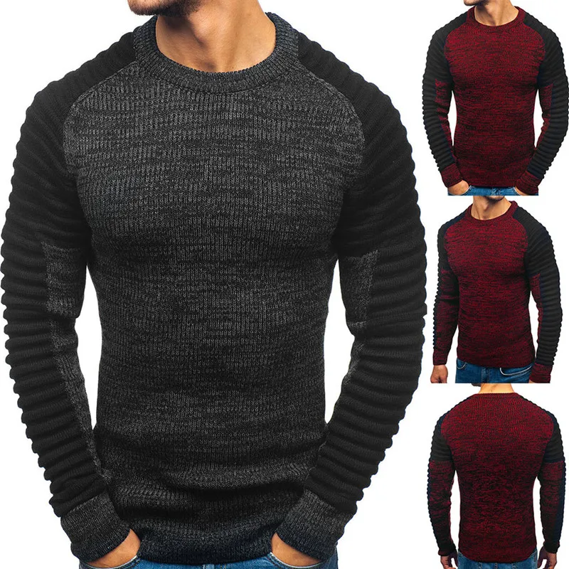 

2020 Fashion Men Pullover Sweater Clothing Men's Rotator Cuff Striped Pleat Matching Color Pull-over Sweater Free shipping