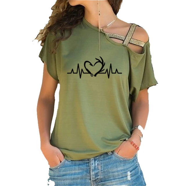 Hunting Fishing Hook Deer Heartbeat Print Plus Size Fashion T