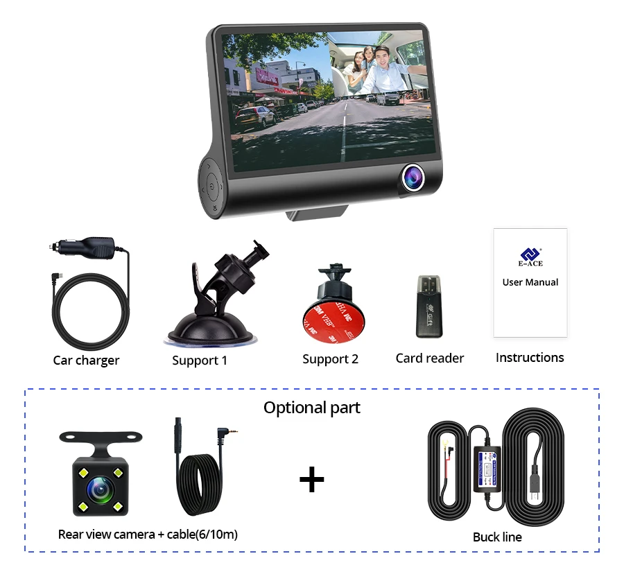 E-ACE B28 HD 1080P Dual Lens Car Dash Cam with 24H Video Monitoring Support