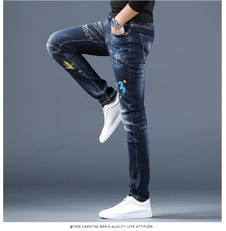 ripped jeans for men Mens stretch denim print pants jeans Korea slimming trendy casual jeans all-match light luxury men jeans . work jeans