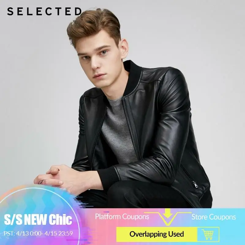 Мужская кожаная куртка из овечьей шерсти с черным Бейсбольным воротником S |