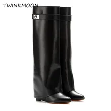 Женские сапоги на танкетке с замком акулы; сапоги до колена из натуральной кожи; зимние черные дизайнерские длинные сапоги с отворотом; Botas Mujer;