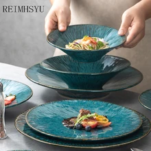 

1PC RELMHSYU Japanese Style Ceramic Kiln Green Round Western Steak Pasta Salad Dessert Dinner Plate Dish Household Tableware