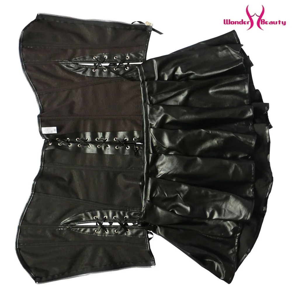 gothic corset dress faux leather burlesque front zipper top overbust bustier mini skirt sexy steampunk corset dress plus size (13)