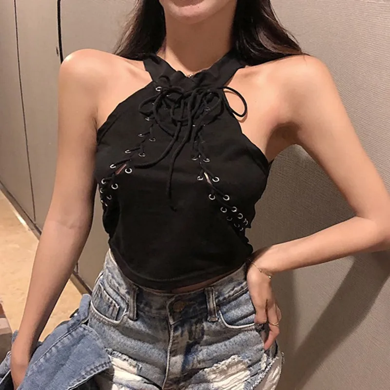 

Women Sexy Slim Camis Fashion Lace Up Hollow Out Halter Tank Tops Summer Sleeveless Crop Tops