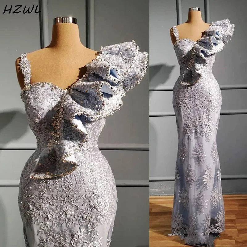 Серебряное платье для выпускного вечера Aso Ebi длинное кружевное вечернее
