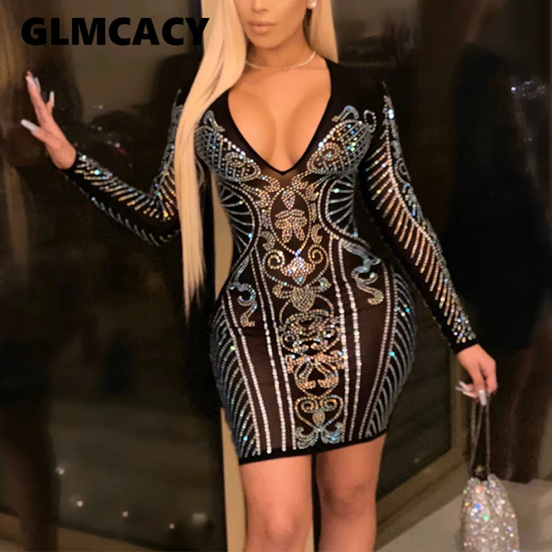 Long Sleeve Sequined Bodycon Dress Women Plus Size See Through Plunge Sexy & Club Party Vestido Long Sleeve Sequined Bodycon Dress Women Plus Size See Through Plunge Sexy & Club Party Vestido