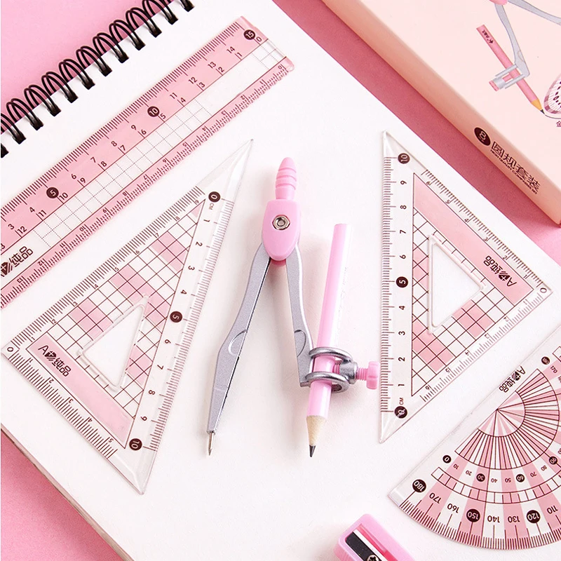 8pcs/Set Creative Ruler Sets For Students Stationery Pencil Sharpener Eraser Compass Exam Draw Tools School Office Supplies New