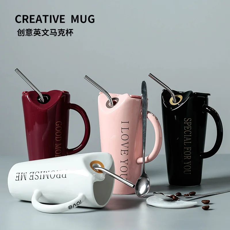 

Ceramic Mugs Creative Mugs with straws Spoon Lid Porcelain Milk Coffee Cup Drinkware gift box