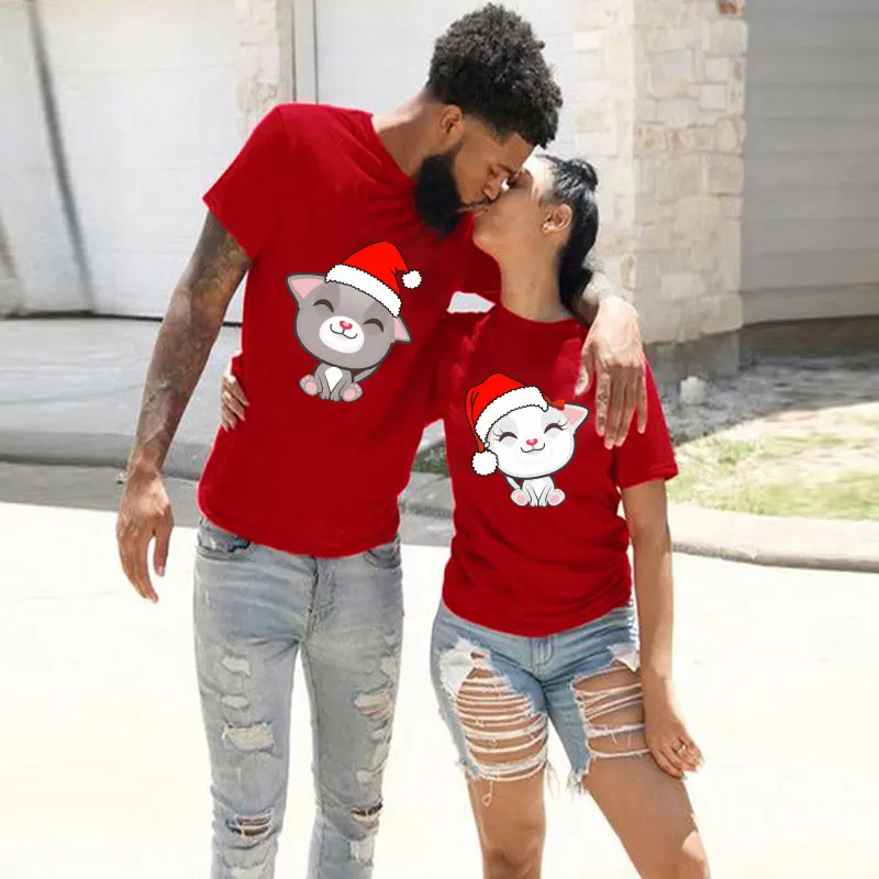 

Christmas Couples Matching Clothing Set Women Casual Harajuku Fashion Short Sleeve Shirt Cotton Printing Couple Clothes Summer